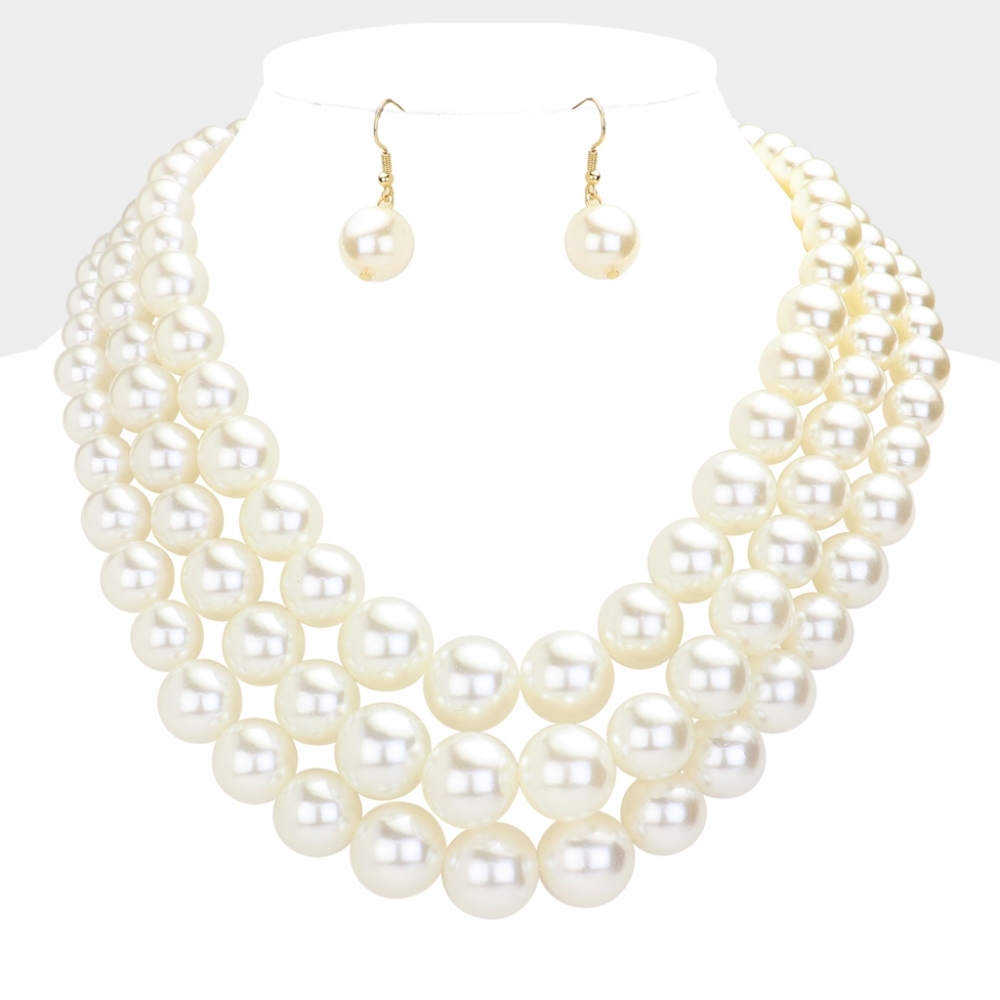 Cream Pearls MultiStrand Layered Bib Necklace Set Triple Chunky Design